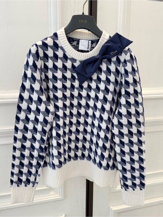 Dior Sweaters - NWOT Dior Navy & White Houndstooth Knit Sweater with Bow, Size US 8